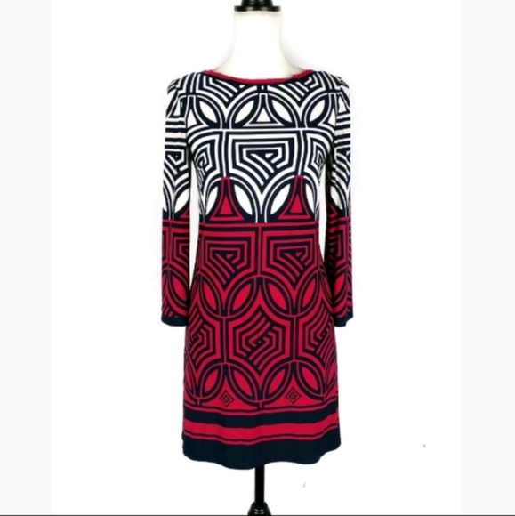 Eliza J Shift Dress Geometric Print in Navy over White & Fuschia  size 8 - Picture 2 of 12